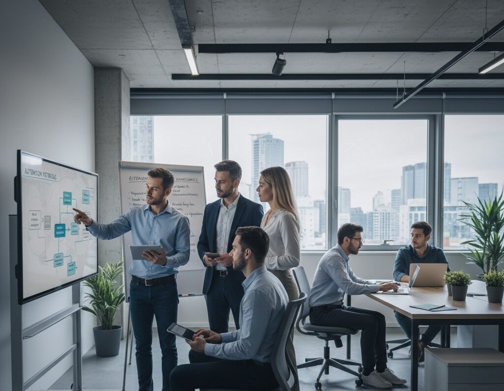 Mehrere Teammitglieder besprechen in einem modernen Büro einen Workflow-Plan an einem digitalen Whiteboard.
