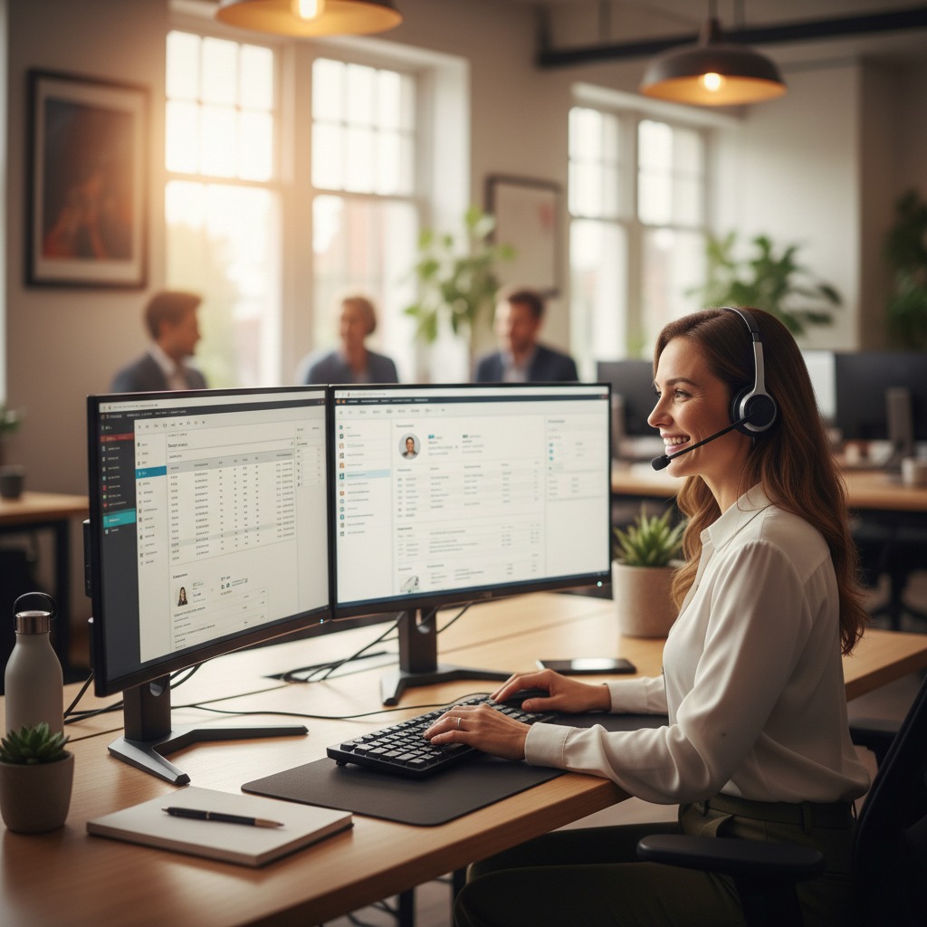 Eine lächelnde Kundenservice-Mitarbeiterin mit Headset arbeitet an ihrem Schreibtisch vor zwei großen Monitoren in einem hellen Großraumbüro.